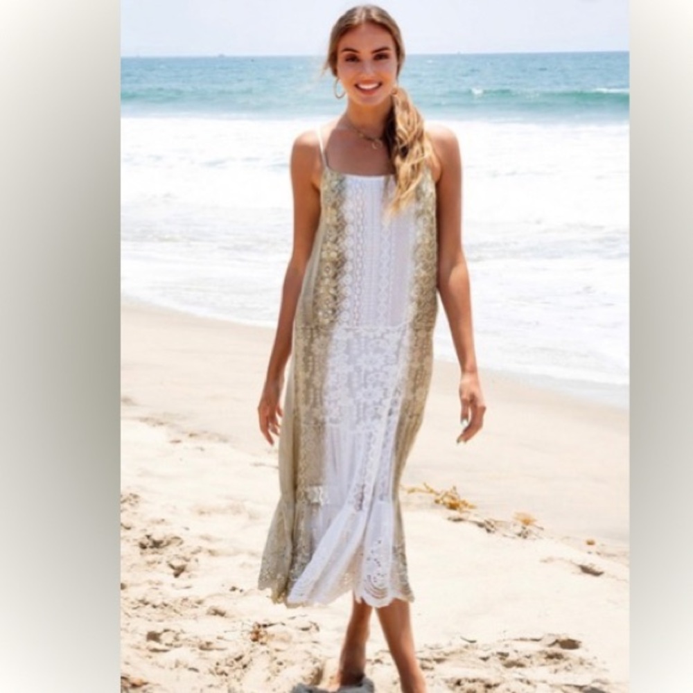Summer Bohemian Lace DipDye Spaghetti Strap Dress with Beaded Embellishment